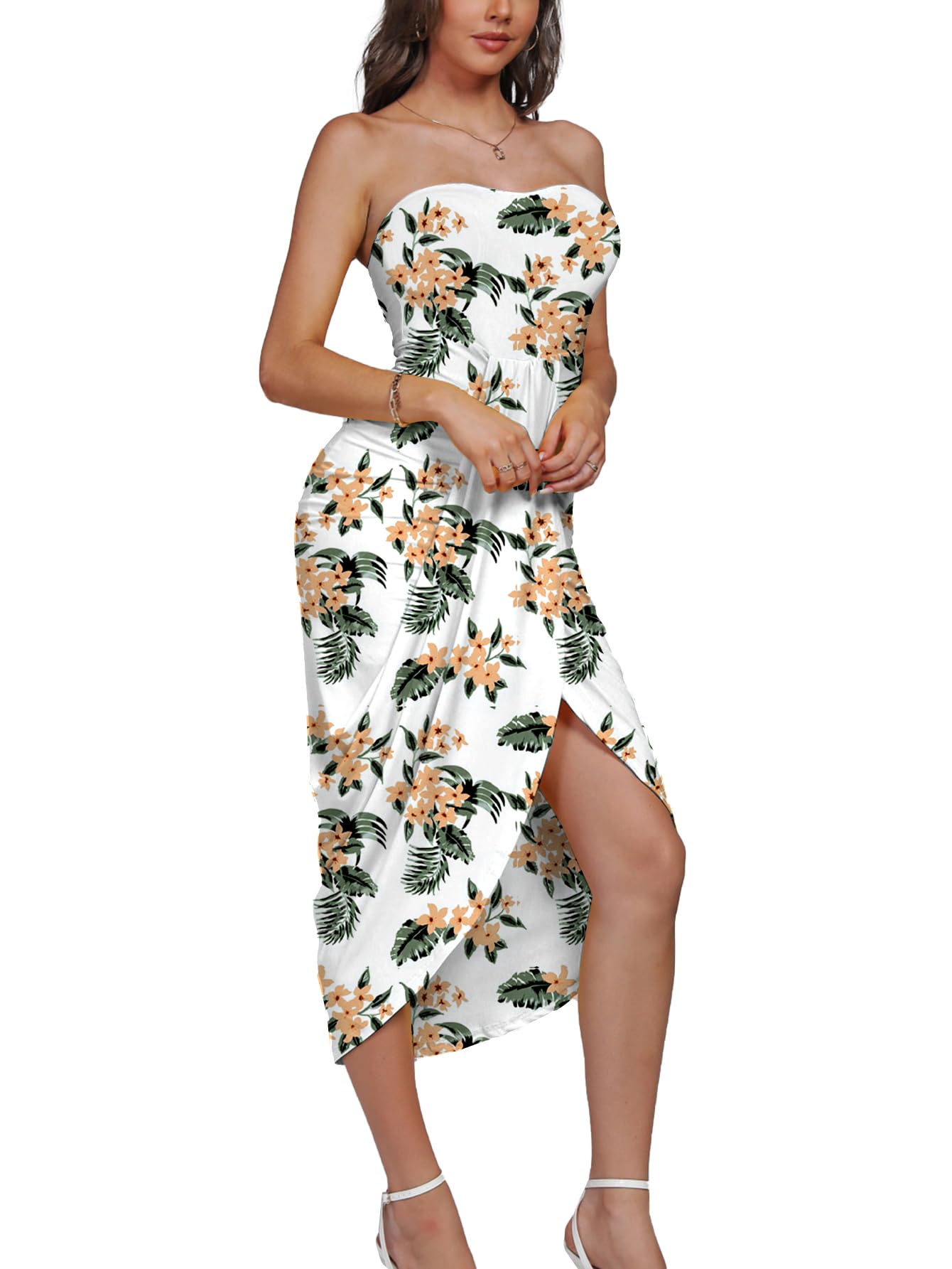 Umenlele Women's Strapless Ruched High Waist Wrap Split Asymmetrical Beach Maxi Long Dress White Floral#3 Small