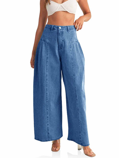 PLNOTME Womens Baggy High Waisted Jeans Loose Boyfriend Wide Leg Side Pleated Denim Pants Blue