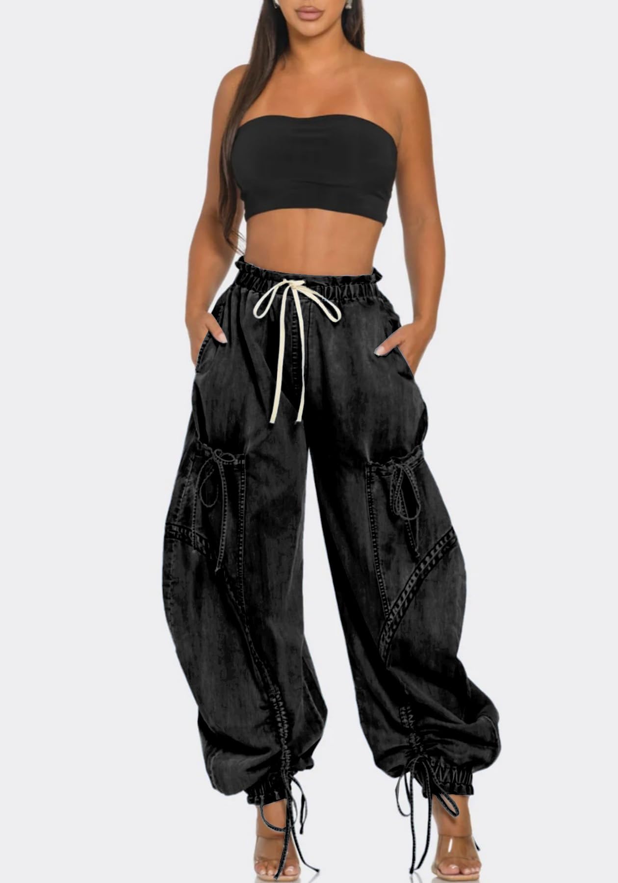 Unybwonn Women Baggy Barrel Jeans High Waisted Y2k Drawstring Bow Tie Cargo Jean Retro Wide Leg Ankle Denim Joggers