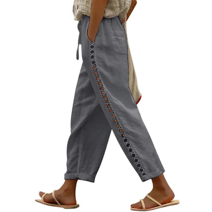 Puimentiua Women's Linen Capri Pants with Drawstring Petite Summer Beachwear Lightweight Elastic Waist Pants, Light Khaki, L