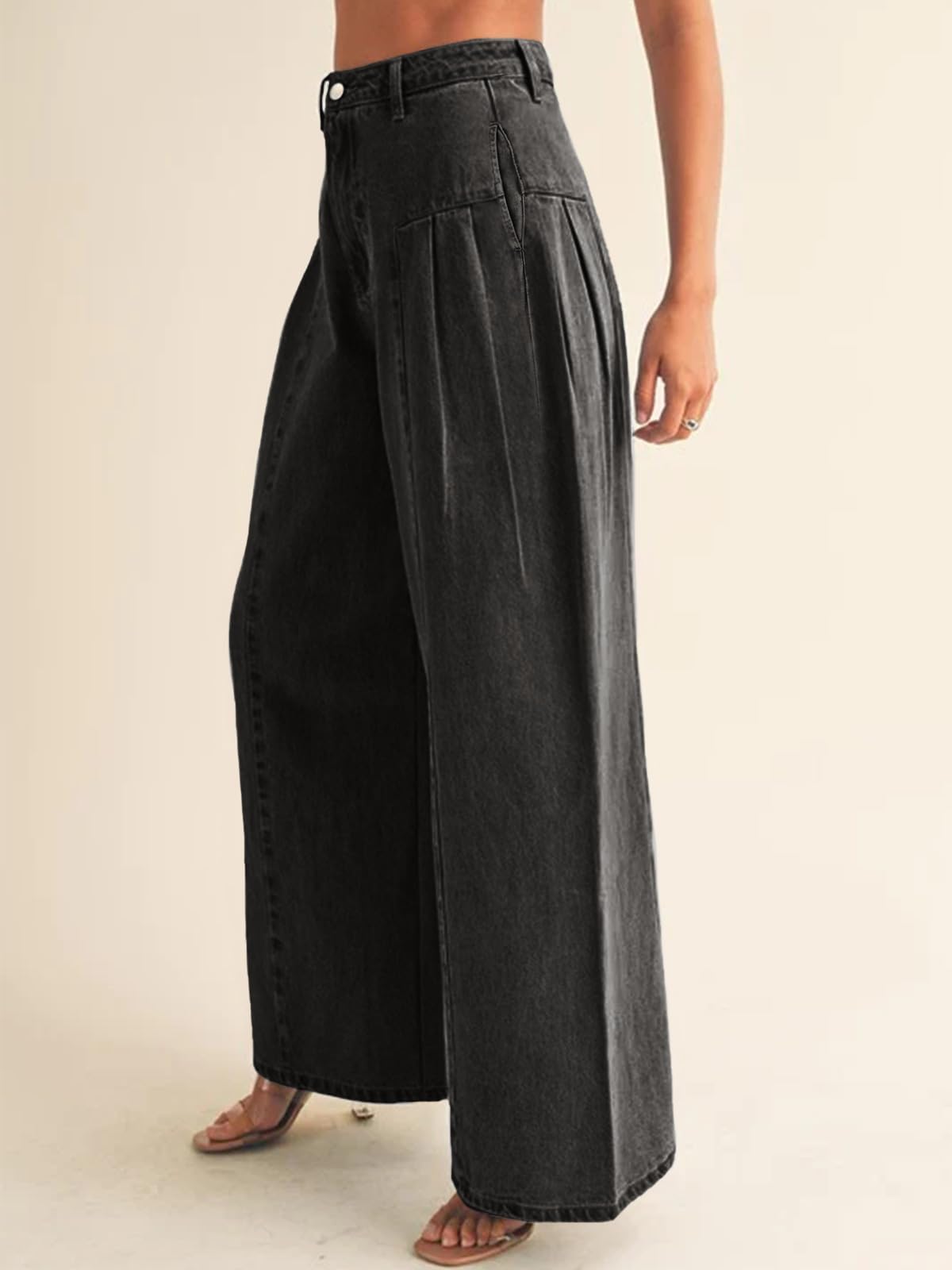 PLNOTME Womens Baggy High Waisted Jeans Loose Boyfriend Wide Leg Side Pleated Denim Pants Blue