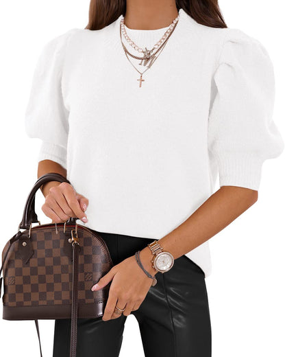 Women's Puff Short Sleeve Sweater Tops 2025 Spring Summer Trendy Crew Neck Casual T Shirts Blouses Beige