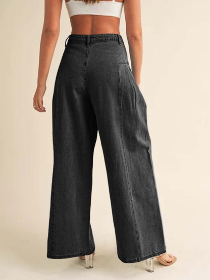 PLNOTME Womens Baggy High Waisted Jeans Loose Boyfriend Wide Leg Side Pleated Denim Pants Blue