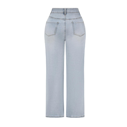 THUNDER STAR Womens High Waisted Wide Leg Jeans Stretchy Distressed Denim Pants Light Blue XXL