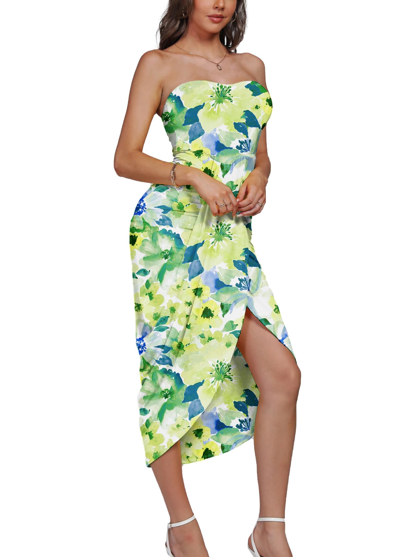Umenlele Women's Strapless Ruched High Waist Wrap Split Asymmetrical Beach Maxi Long Dress White Floral#3 Small