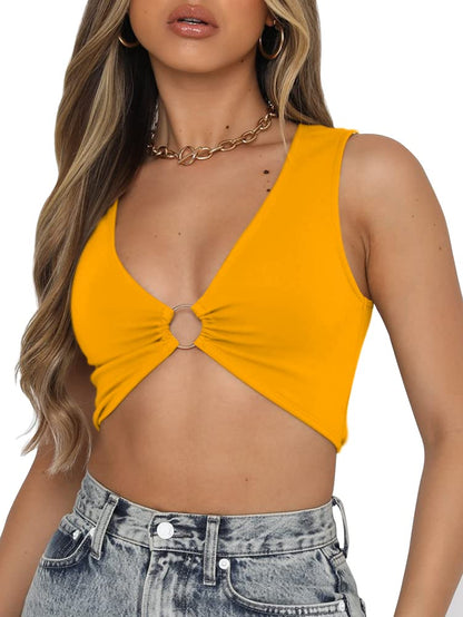 AEVZIV Sexy Crop Tops for Women Sleeveless Deep V Neck Workout Tops Plunge Ring Cleavage Cropped Tank Top Black M