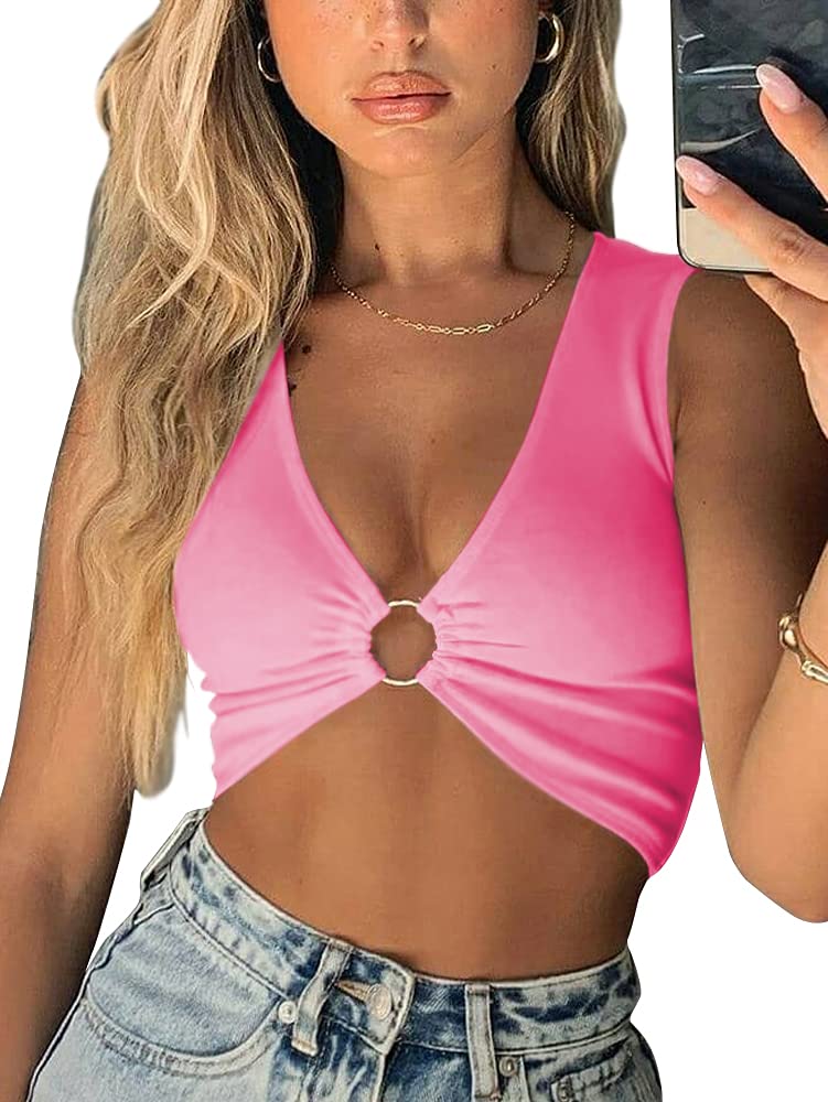 AEVZIV Sexy Crop Tops for Women Sleeveless Deep V Neck Workout Tops Plunge Ring Cleavage Cropped Tank Top Black M