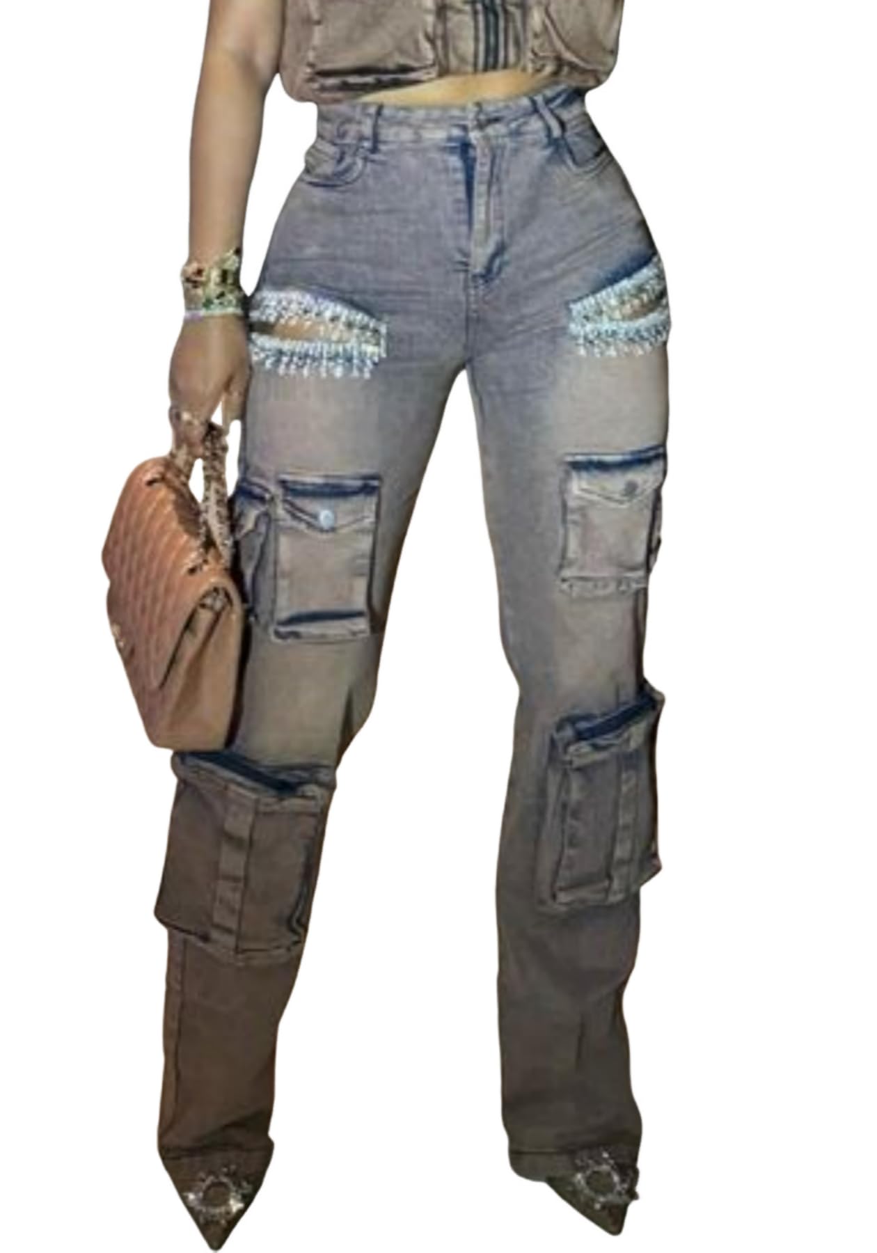 Unybwonn Sexy Pearl Sparkly Jeans for Women Cutout Bedazzled Elastic Baggy Cargo Denim Pants with Flap Pockets Blue