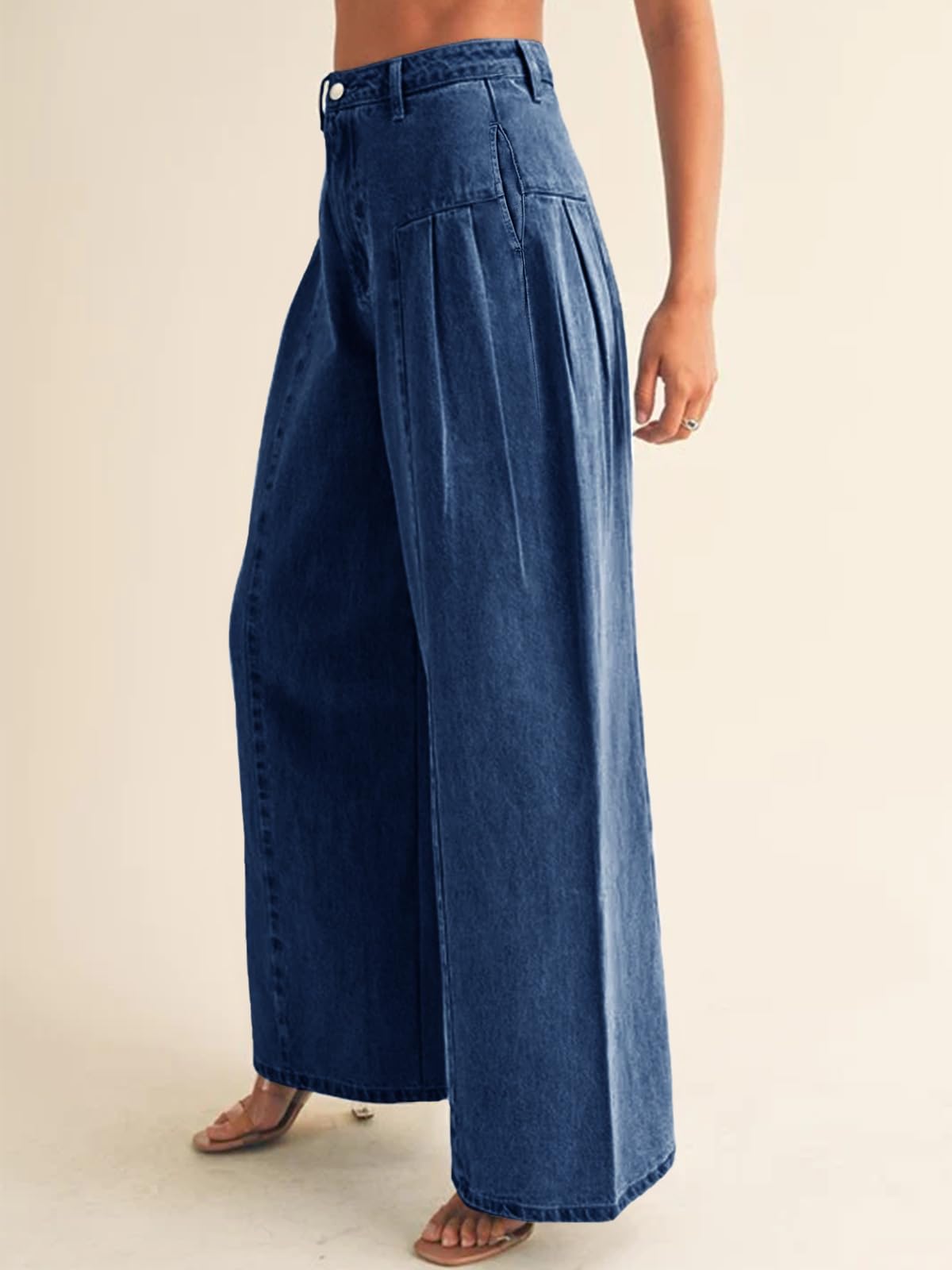 PLNOTME Womens Baggy High Waisted Jeans Loose Boyfriend Wide Leg Side Pleated Denim Pants Blue