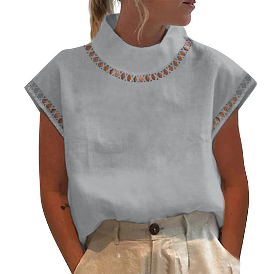 Summer Outfits for Women 2024 Cotton Linen Tops for Women 2024 Casual Cap Sleeve Summer Shirts Loose High Neck Tshirt Dressy Casual Blouses Womens Summer Blouses 2024 Gray M