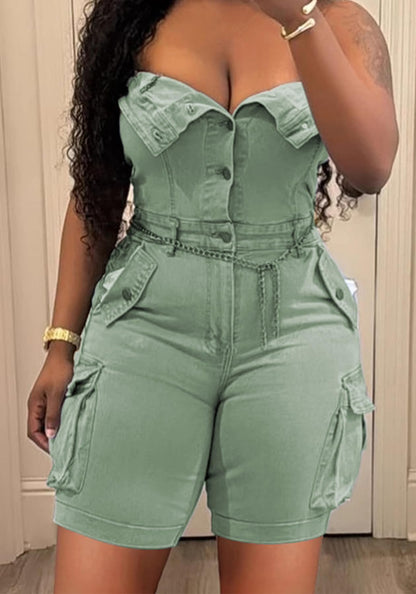 Unybwonn Women's Sexy off Shoulder Tube Denim Cargo Jumpsuits Corset Y2k Jean Shorts Rompers Overalls
