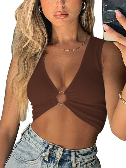 AEVZIV Sexy Crop Tops for Women Sleeveless Deep V Neck Workout Tops Plunge Ring Cleavage Cropped Tank Top Black M