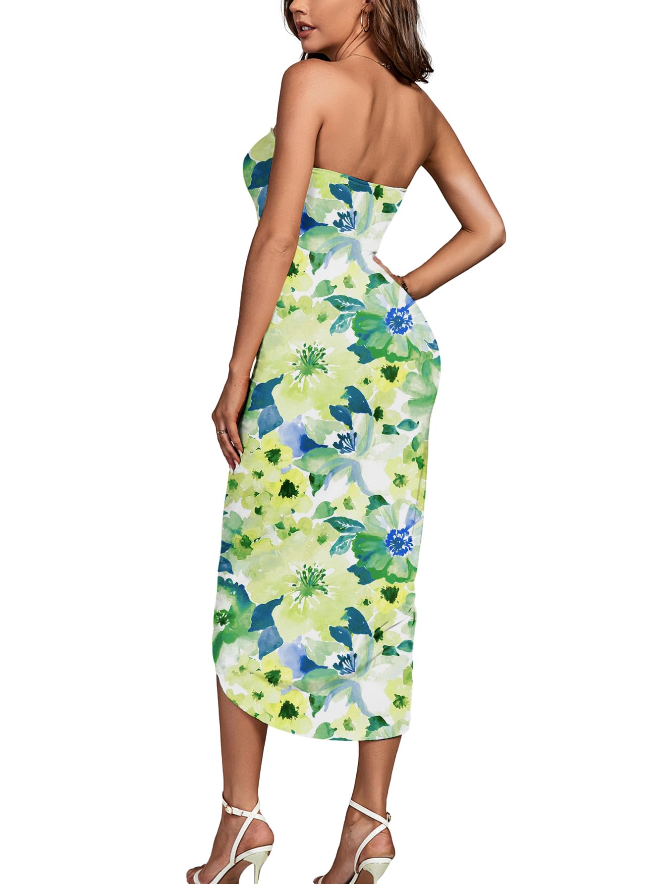 Umenlele Women's Strapless Ruched High Waist Wrap Split Asymmetrical Beach Maxi Long Dress White Floral#3 Small