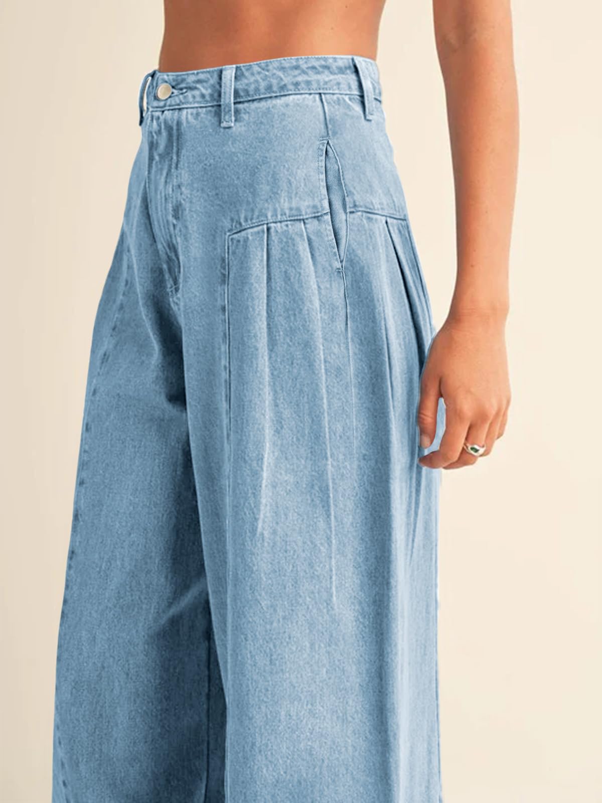 PLNOTME Womens Baggy High Waisted Jeans Loose Boyfriend Wide Leg Side Pleated Denim Pants Blue