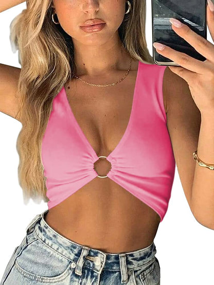 AEVZIV Sexy Crop Tops for Women Sleeveless Deep V Neck Workout Tops Plunge Ring Cleavage Cropped Tank Top Black M