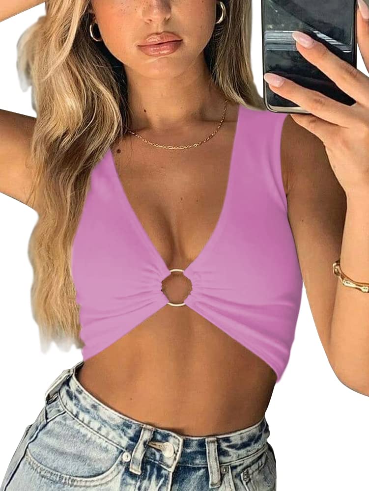 AEVZIV Sexy Crop Tops for Women Sleeveless Deep V Neck Workout Tops Plunge Ring Cleavage Cropped Tank Top Black M