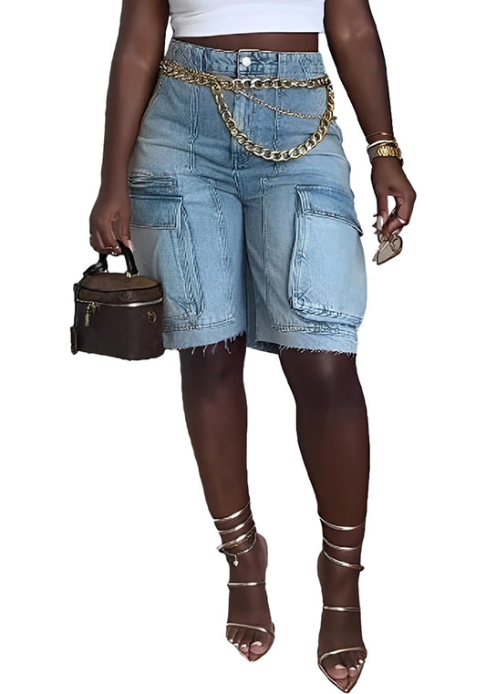Summer Shorts for Women 2025 Vintage Distressed Raw Hem Multi Pockets Long Jean Shorts Plus Size Y2k Shorts