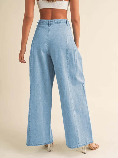 PLNOTME Womens Baggy High Waisted Jeans Loose Boyfriend Wide Leg Side Pleated Denim Pants Blue