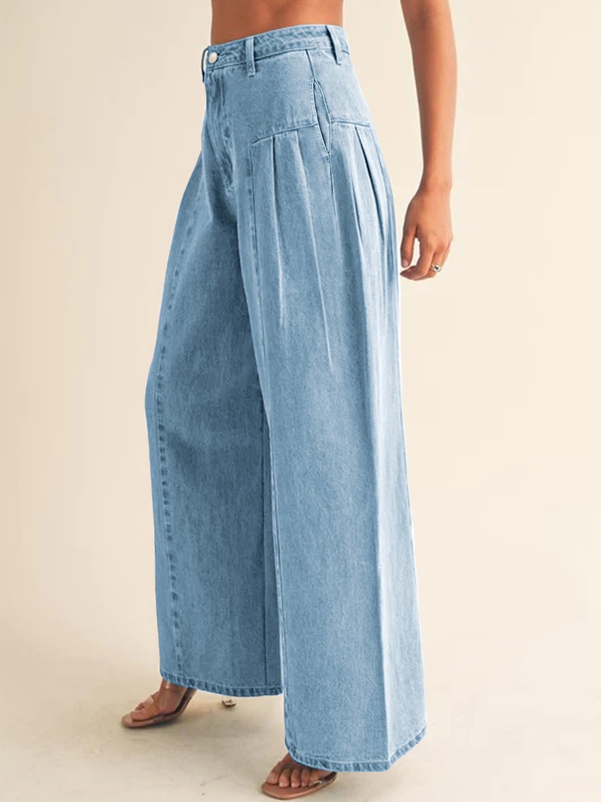 PLNOTME Womens Baggy High Waisted Jeans Loose Boyfriend Wide Leg Side Pleated Denim Pants Blue