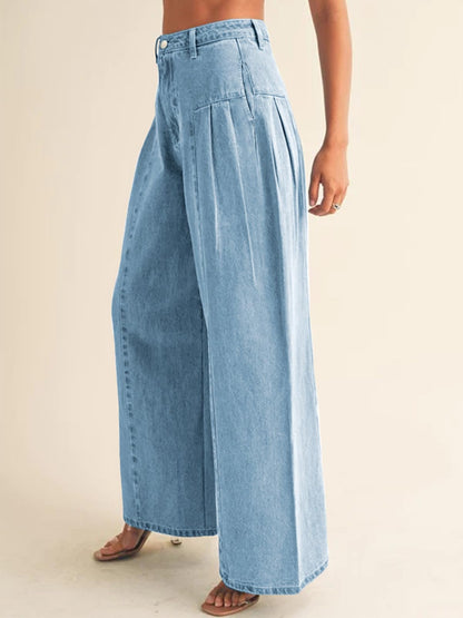 PLNOTME Womens Baggy High Waisted Jeans Loose Boyfriend Wide Leg Side Pleated Denim Pants Blue