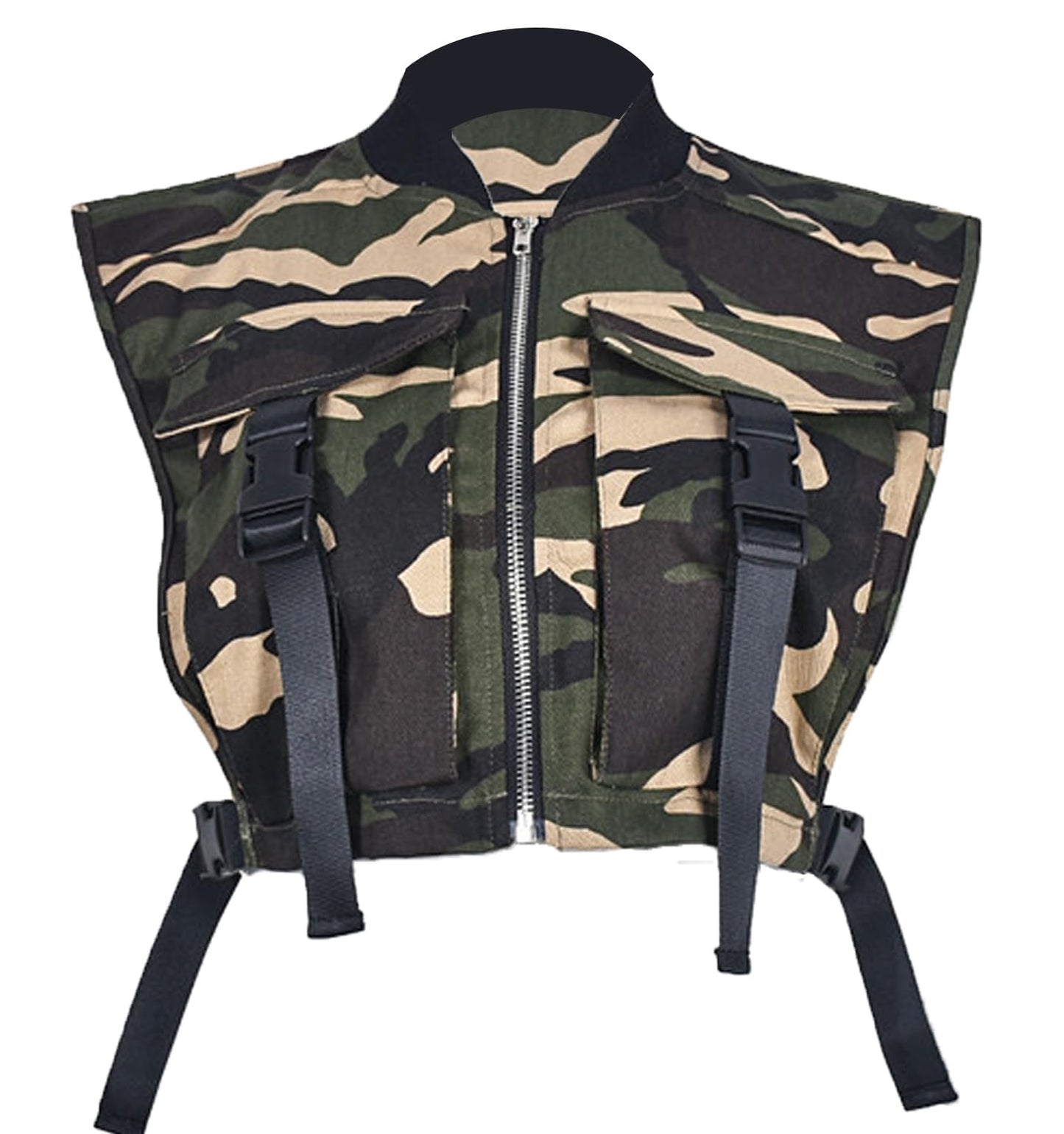 Bnigung Women's Sexy Crop Cargo Vest Sleeveless Buckle Zip Up Vest Jacket Tops Steampunk Streetwear with Pockets(Khaki,XL)