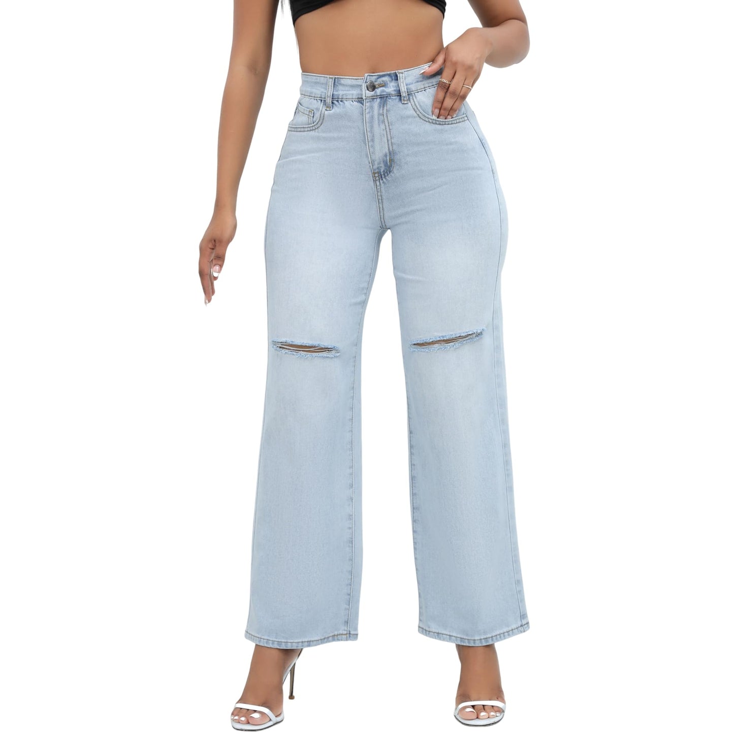 THUNDER STAR Womens High Waisted Wide Leg Jeans Stretchy Distressed Denim Pants Light Blue XXL