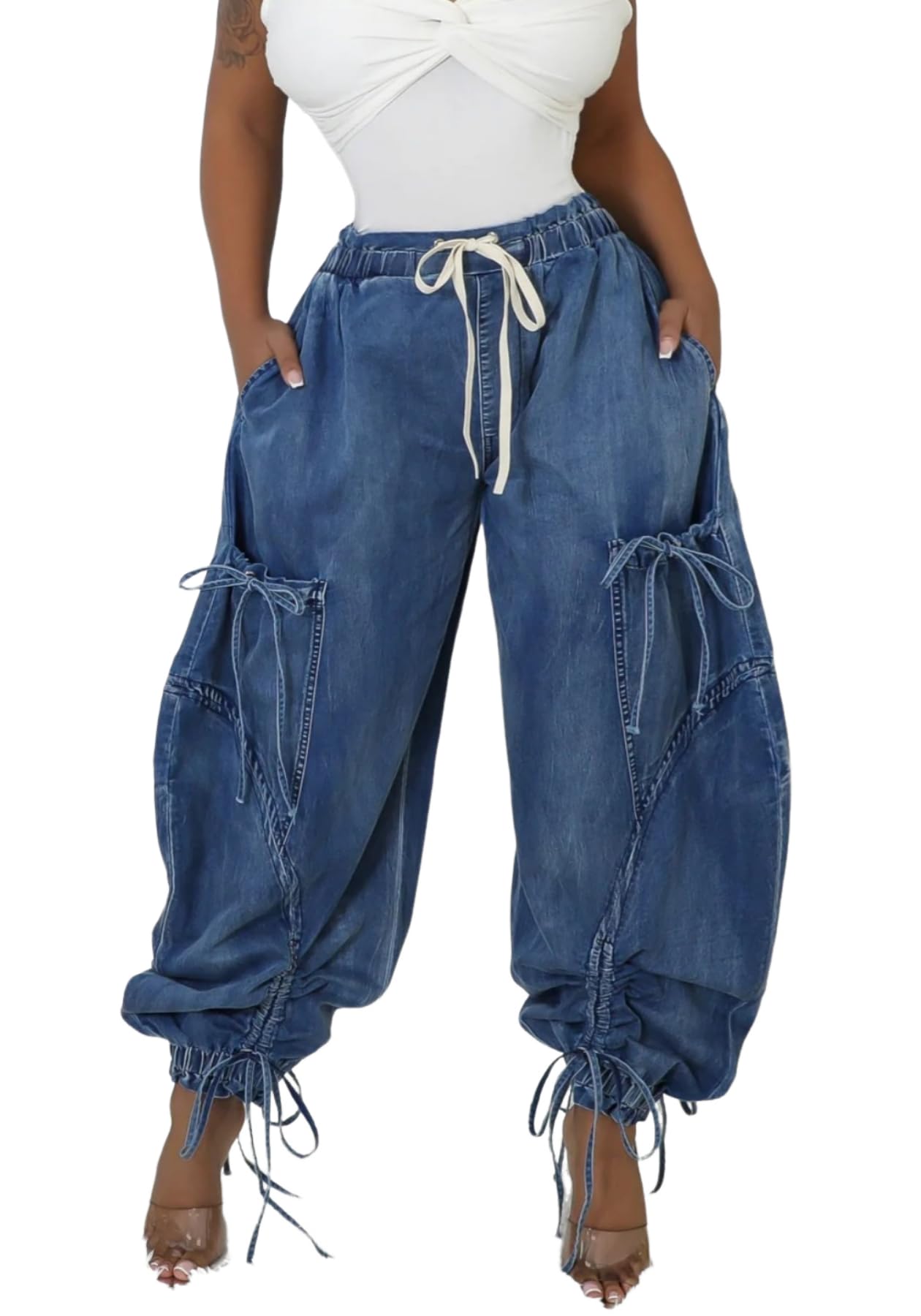 Unybwonn Women Baggy Barrel Jeans High Waisted Y2k Drawstring Bow Tie Cargo Jean Retro Wide Leg Ankle Denim Joggers