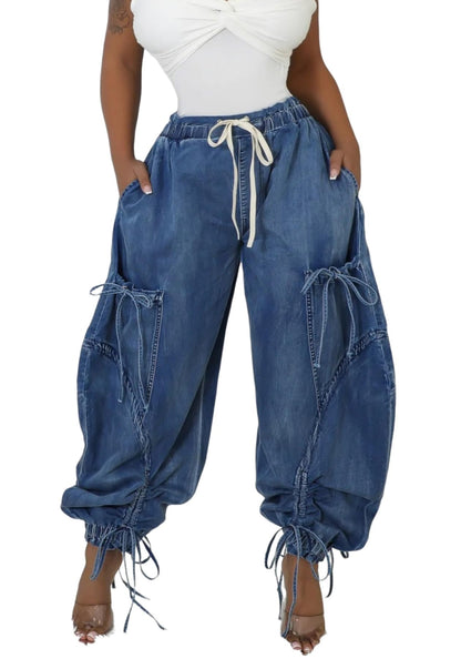 Unybwonn Women Baggy Barrel Jeans High Waisted Y2k Drawstring Bow Tie Cargo Jean Retro Wide Leg Ankle Denim Joggers