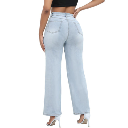 THUNDER STAR Womens High Waisted Wide Leg Jeans Stretchy Distressed Denim Pants Light Blue XXL