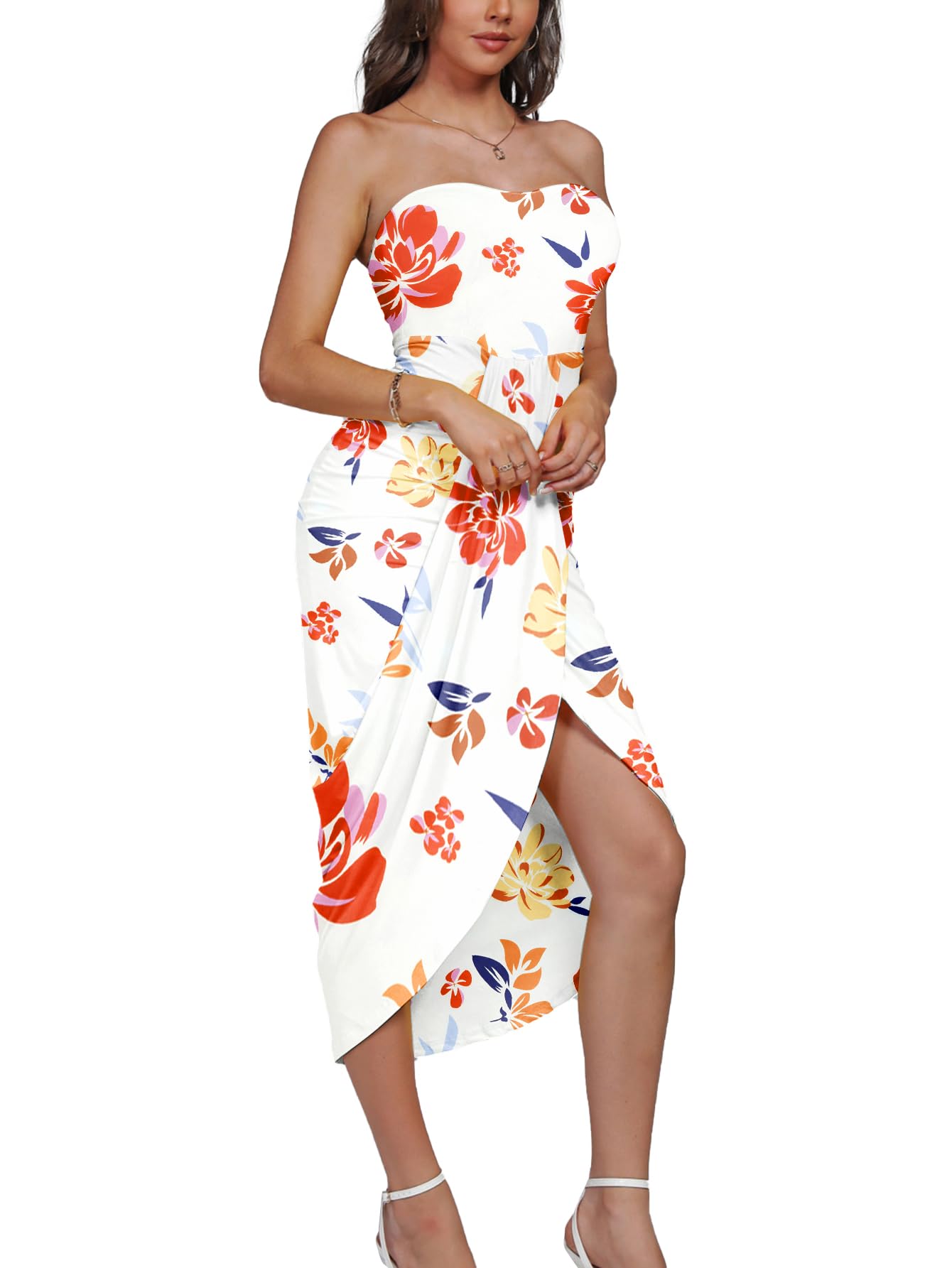 Umenlele Women's Strapless Ruched High Waist Wrap Split Asymmetrical Beach Maxi Long Dress White Floral#3 Small
