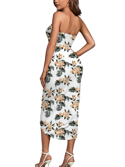Umenlele Women's Strapless Ruched High Waist Wrap Split Asymmetrical Beach Maxi Long Dress White Floral#3 Small