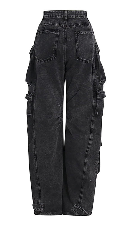 LKOUS Women's Y2K Baggy Straight Wide Leg Cargo Jeans, Streetwear High Waisted Denim Pant Grey