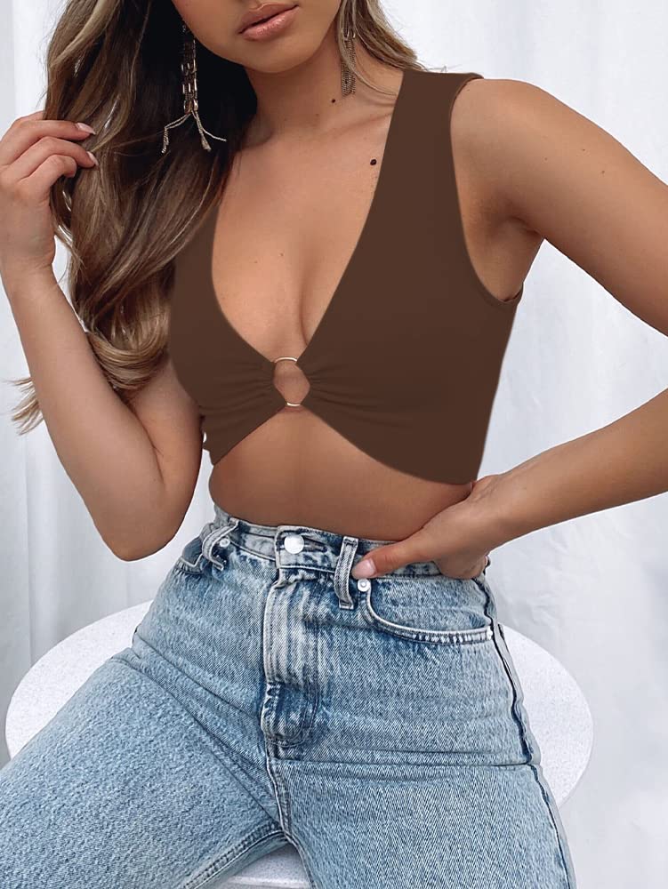 AEVZIV Sexy Crop Tops for Women Sleeveless Deep V Neck Workout Tops Plunge Ring Cleavage Cropped Tank Top Black M