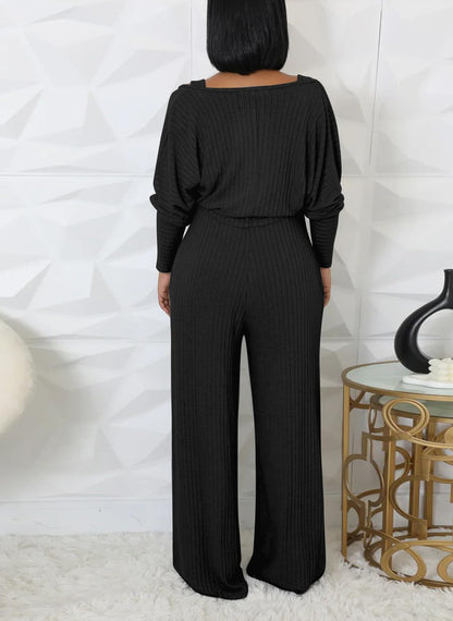 Vakkest Sexy Ribbed Knitted 2 Piece Jumpsuit Outfits for Women Long Sleeve Crop Cardigan Sweater Wide Leg Tank Romper Set
