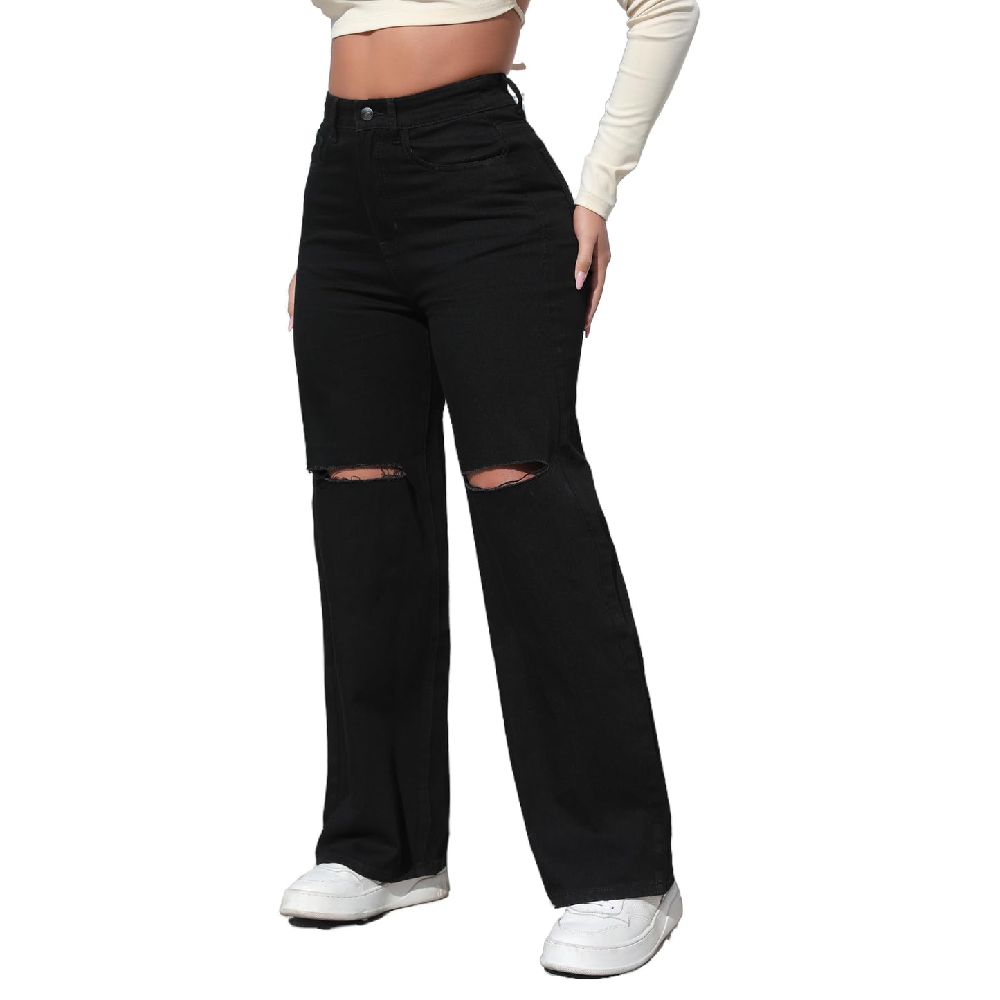THUNDER STAR Womens High Waisted Wide Leg Jeans Stretchy Distressed Denim Pants Light Blue XXL