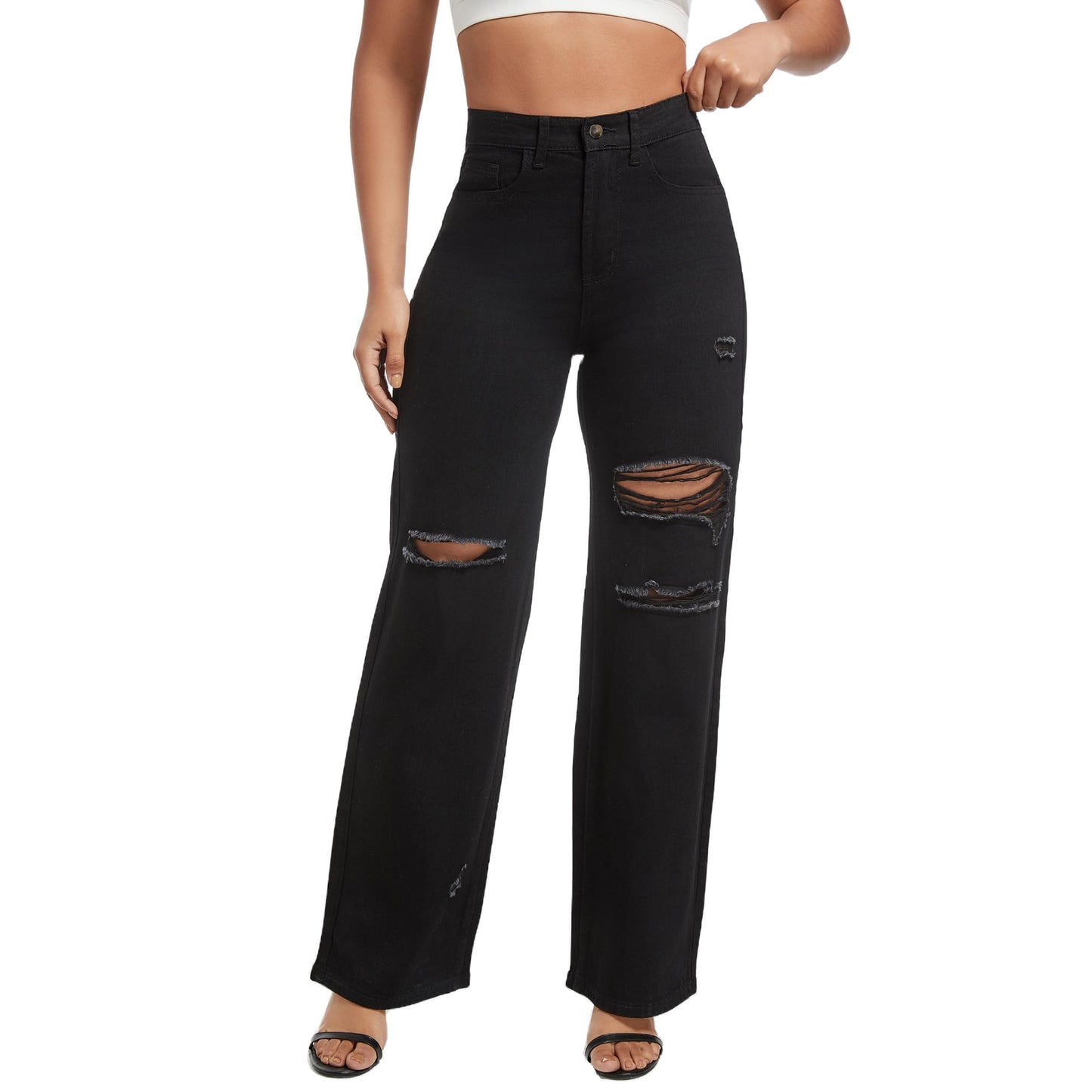 THUNDER STAR Womens High Waisted Wide Leg Jeans Stretchy Distressed Denim Pants Light Blue XXL