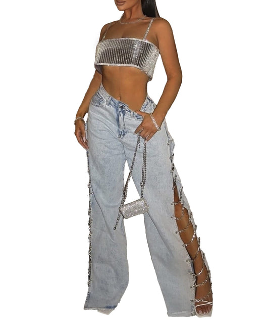 xxxiticat Women's Covered In Diamond Lace Up Jeans High Rise Wide Leg Rhinestone Bandage Fringe Hem Split Denim Trouser(BE,S)
