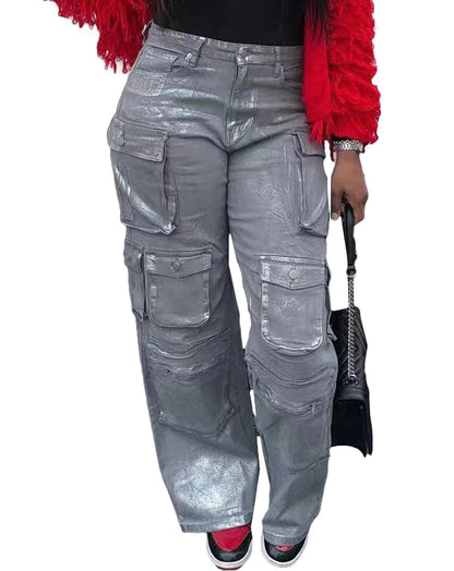 LKOUS Women's Y2K Baggy Straight Wide Leg Cargo Jeans, Streetwear High Waisted Denim Pant Grey