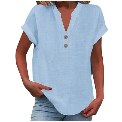 Big Spring Deals Summer Tops for Women 2025 Trendy Short Sleeve Cotton Linen Shirt Casual Button v Neck Tunic Blouses Outfits White Travel Shirts for Women M