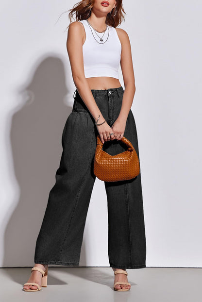PLNOTME Womens Baggy High Waisted Jeans Loose Boyfriend Wide Leg Side Pleated Denim Pants Blue