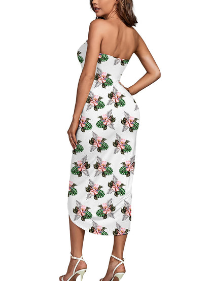 Umenlele Women's Strapless Ruched High Waist Wrap Split Asymmetrical Beach Maxi Long Dress White Floral#3 Small