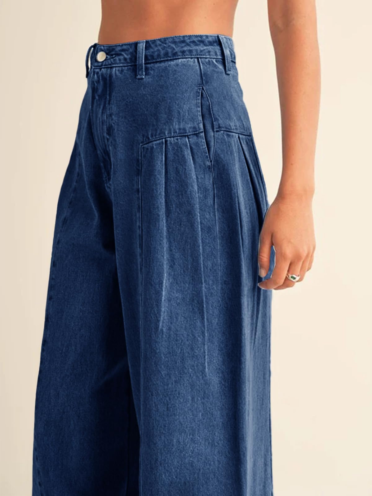 PLNOTME Womens Baggy High Waisted Jeans Loose Boyfriend Wide Leg Side Pleated Denim Pants Blue