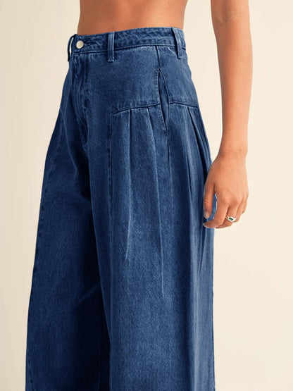 PLNOTME Womens Baggy High Waisted Jeans Loose Boyfriend Wide Leg Side Pleated Denim Pants Blue