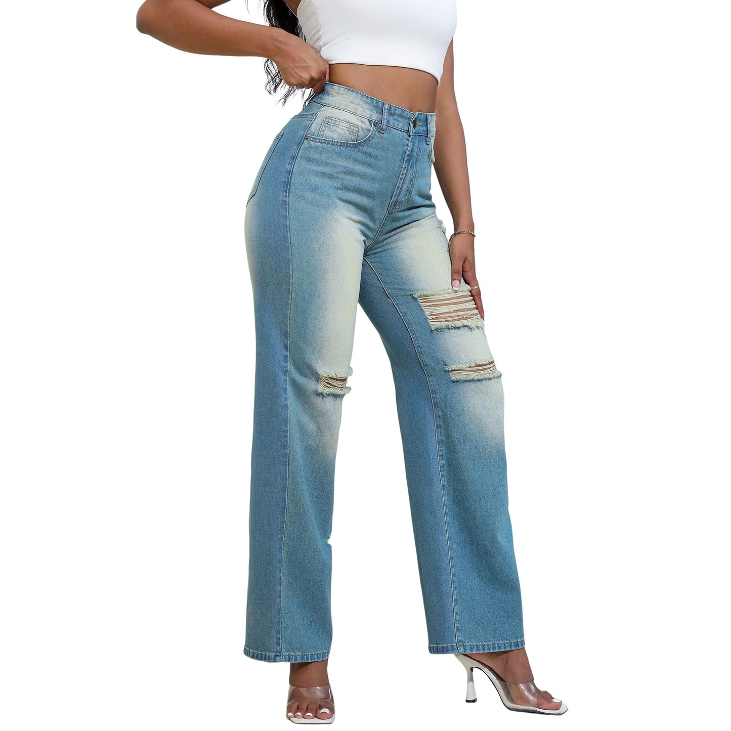THUNDER STAR Womens High Waisted Wide Leg Jeans Stretchy Distressed Denim Pants Light Blue XXL