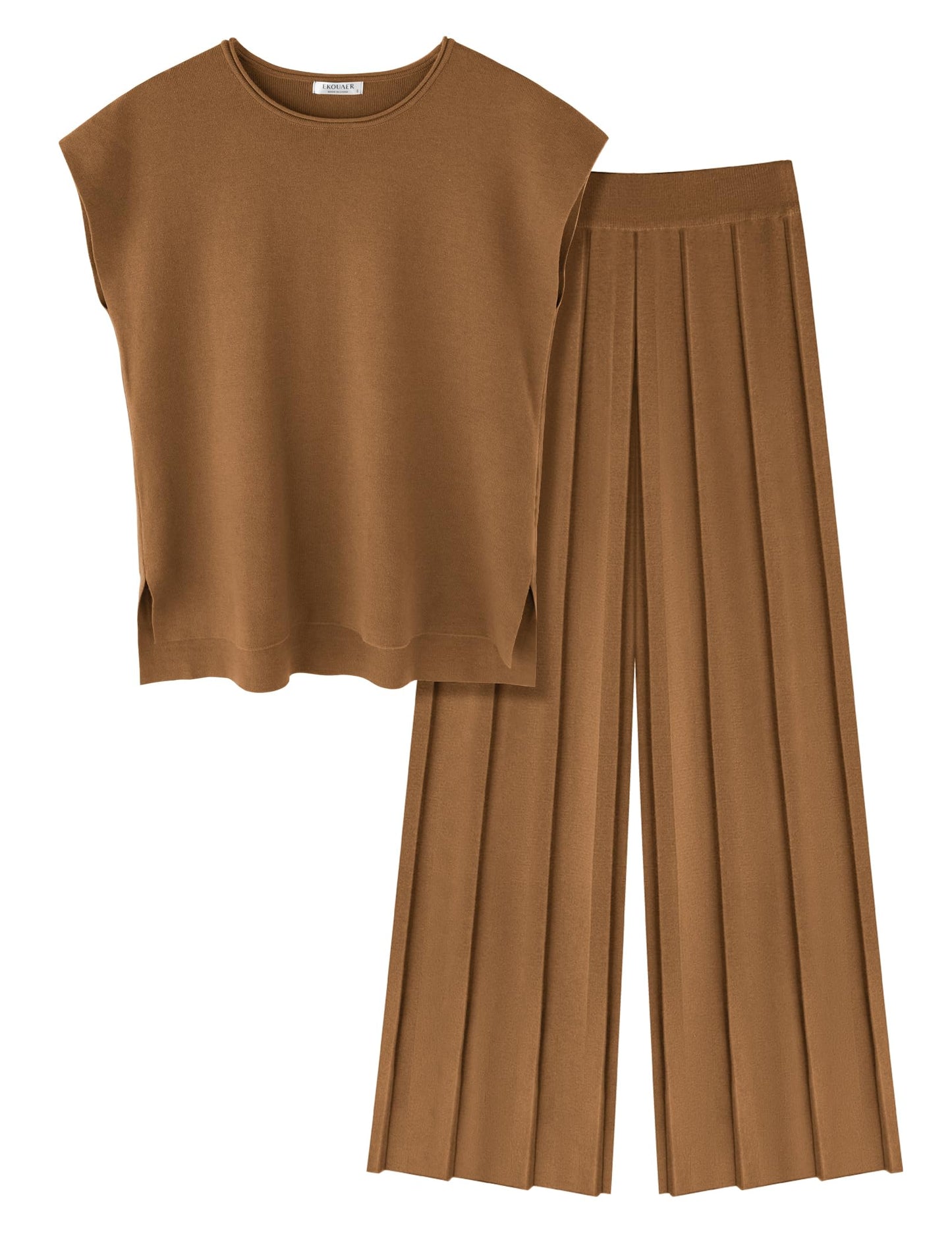 Ekouaer Lounge Sets for Women Two Piece Outfits Knit Cap Sleeve Tops Wide Leg Pleated Pants Casual Dressy Sweater Sets Beige