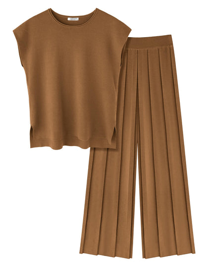 Ekouaer Lounge Sets for Women Two Piece Outfits Knit Cap Sleeve Tops Wide Leg Pleated Pants Casual Dressy Sweater Sets Beige