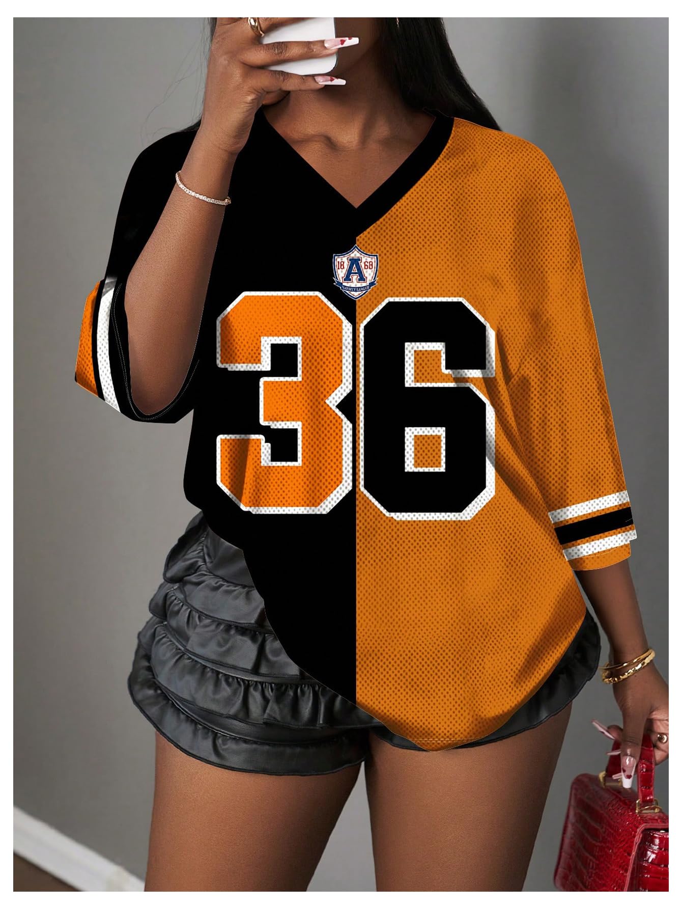 MakeMeChic Women's Jersey Shirts Number Graphic Oversized Y2K Tee Tops White Orange X-Small
