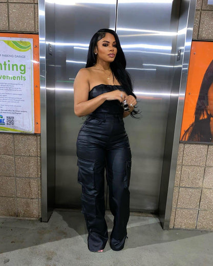 REASERAL Womens PU Leather Jumpsuit Sexy Off the Shoulder Top Tight Waist Cargo Pants Bodysuit