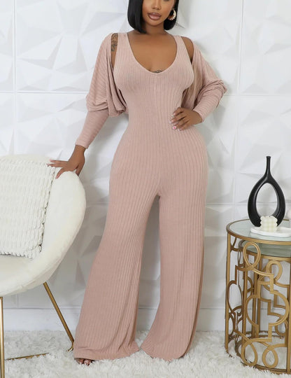 Vakkest Sexy Ribbed Knitted 2 Piece Jumpsuit Outfits for Women Long Sleeve Crop Cardigan Sweater Wide Leg Tank Romper Set