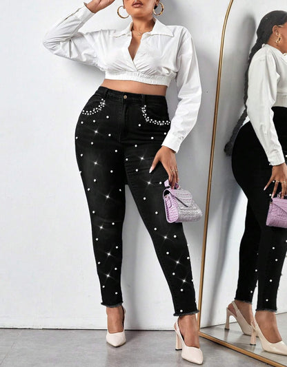 Cyparel Women's Rhinestone Jeans High Waist Pearls Beaded Fringe Tassels Frayed Butt Lifting Stretch Skinny Denim Pants Light Blue
